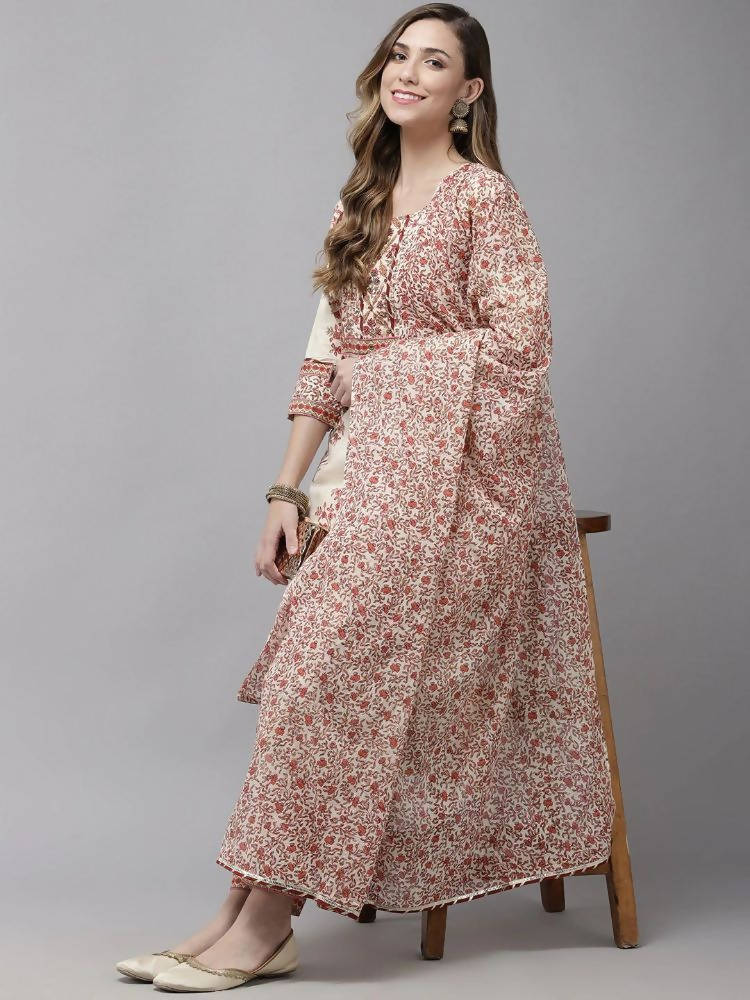 Yufta Women Off White printed Kurta with Trouser & With Dupatta