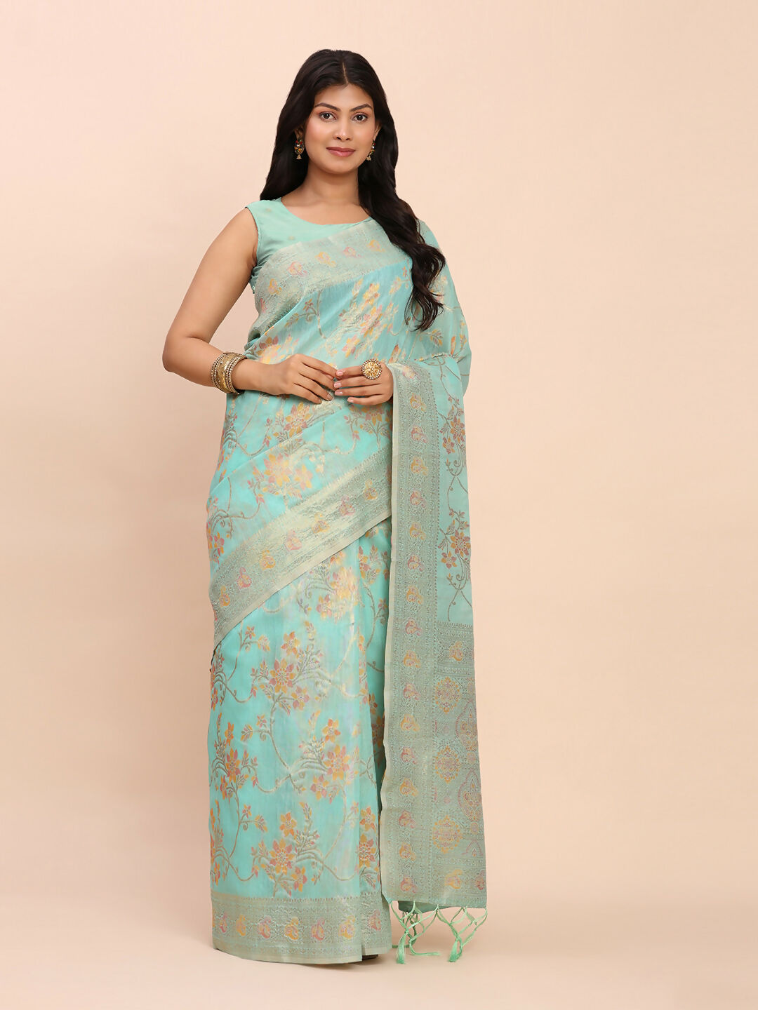 Shree Shyam Fashion Linen Cotton Sea Green Saree - Distacart