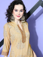 All About You Beige Floral Printed Regular Gotta Patti Liva Kurta With Palazzos