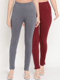 TAG 7 Women Set of 2 Maroon & Grey Ankle Length Leggings