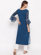Janasya Blue Floral Printed Straight Kurta - Distacart
