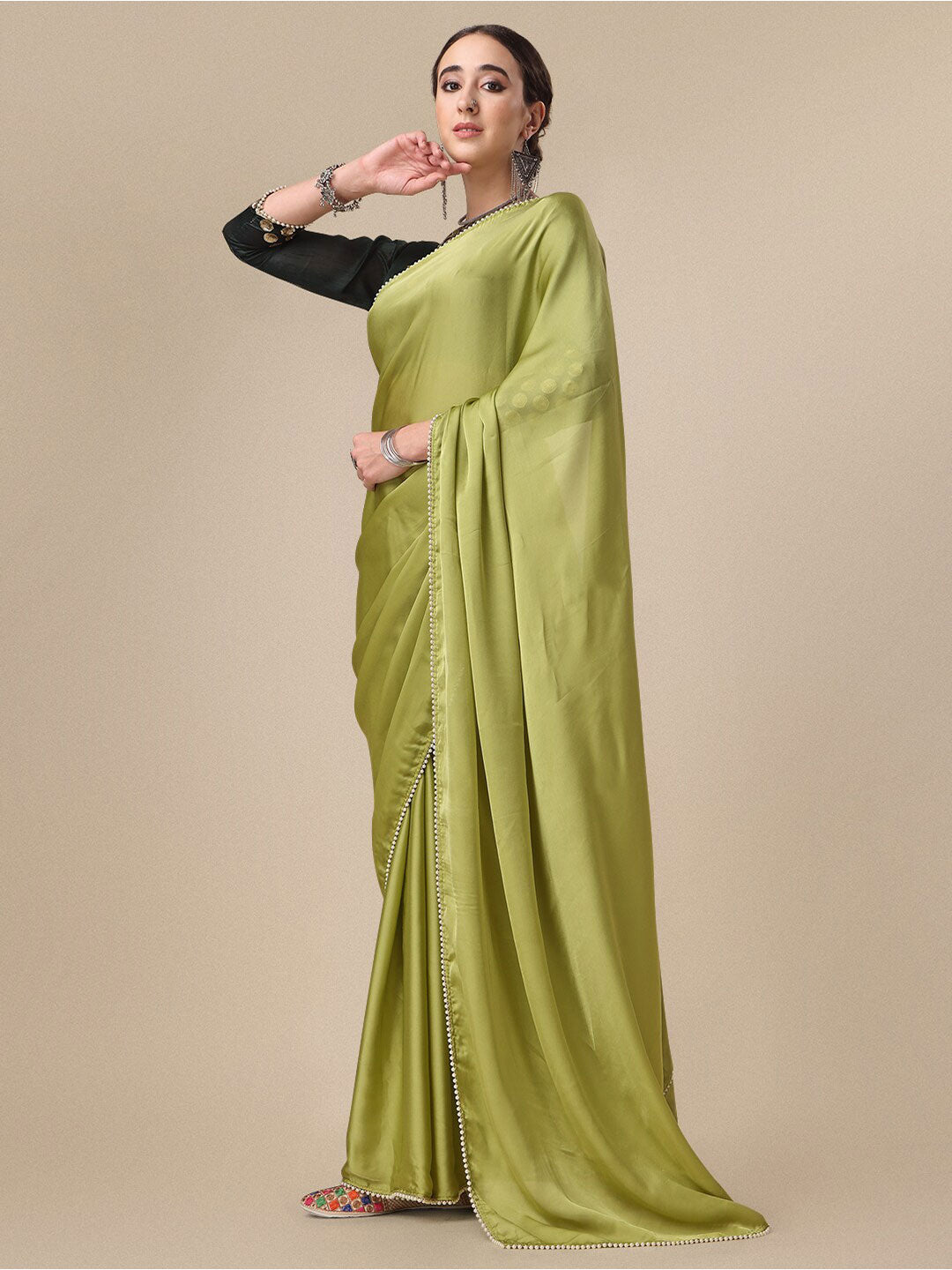 Sangria Olive Green Satin Saree With Beads Embelished Border - Distacart