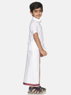 Sethukrishna Boys White & Red Pure Cotton Solid Shirt and Veshti Set