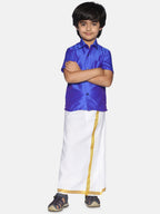 Sethukrishna Boys Blue & White Solid Shirt with Veshti Set