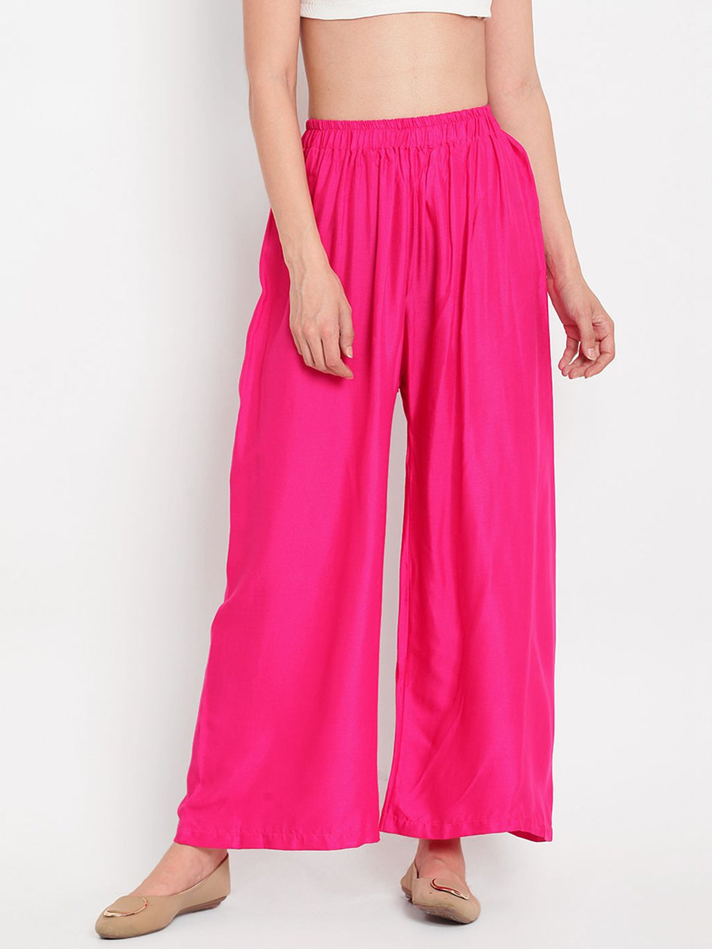 TAG 7 Women Pack Of 2 White & Pink Solid Flared Palazzos