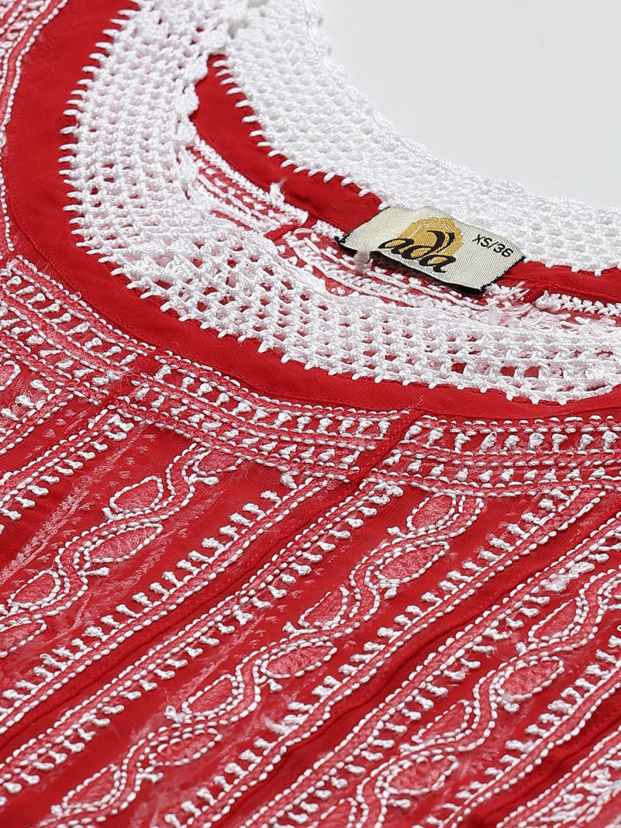 ADA Women Red & White Ethnic Motifs Embroidered Chikankari Georgette Kurta
