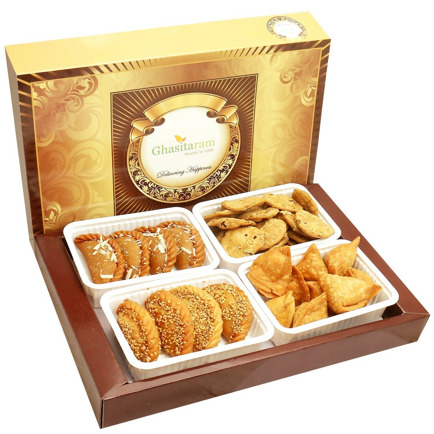 Ghasitaram Holi Hampers: Big Box of Traditioal Gujiyas, Til/ Sesame Gujiyas, Farsan Samosas and Methi Mathi Hamper - Distacart