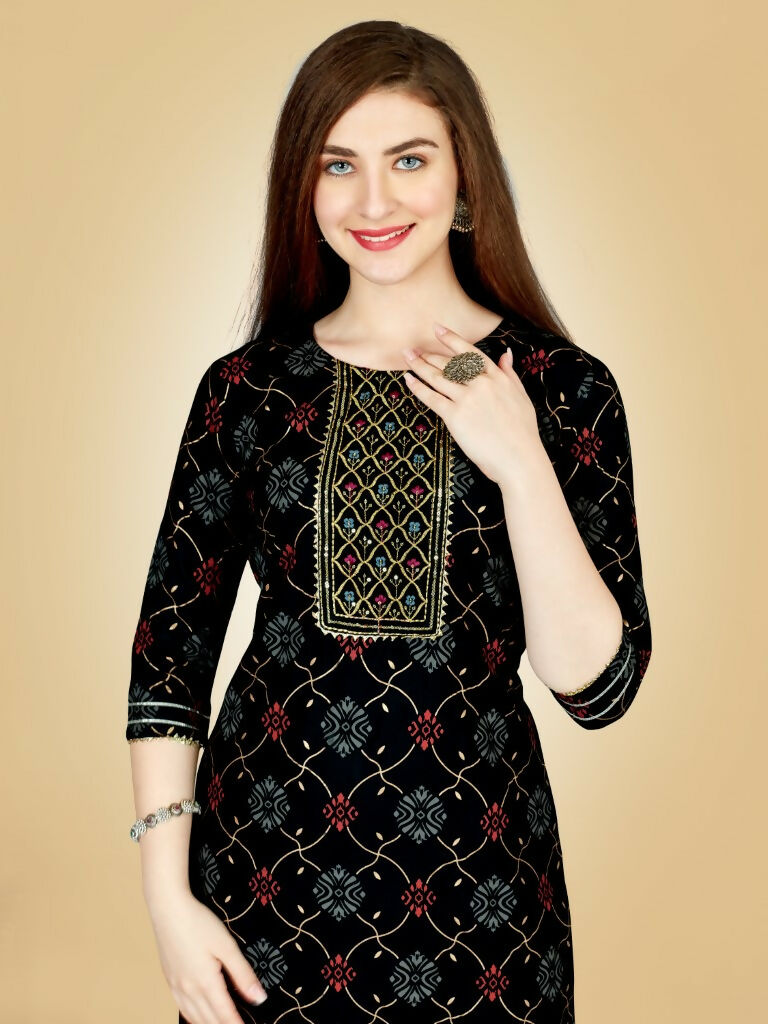 Jyoti Fashion Women's Black Viscose Rayon Embroidered Kurta Pant Set