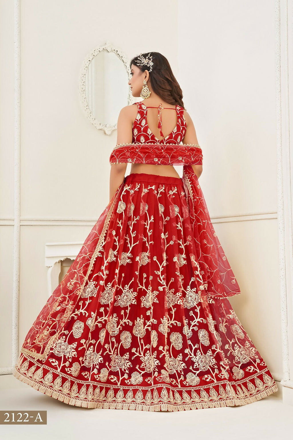Eilara Women'S Red Butterfly Net With Sequins And Embroidery Work Lehenga Choli For Wedding
