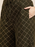 Sangria Women Olive Green & Golden Printed Kurta with Palazzos & Dupatta