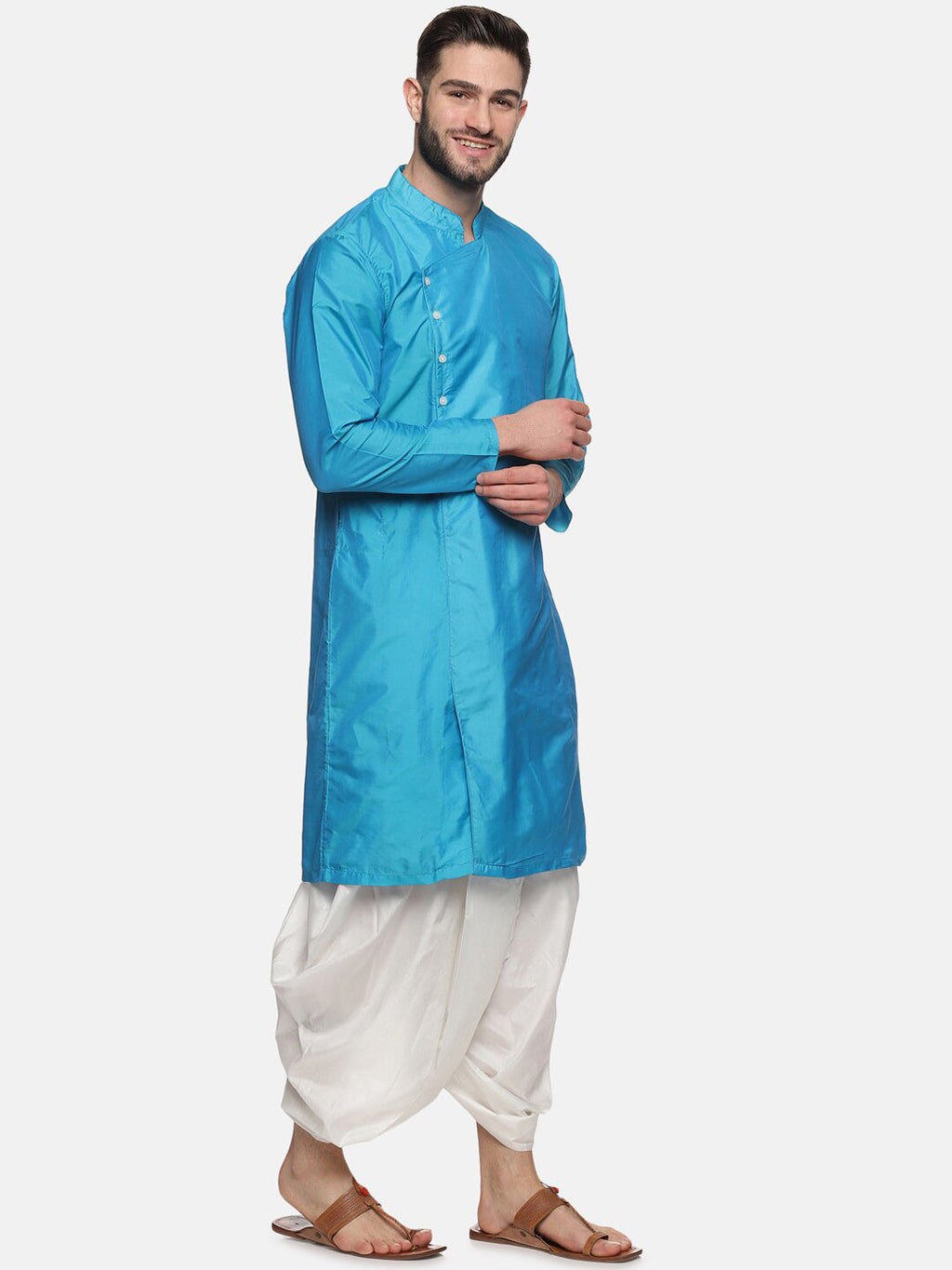 Sethukrishna Men Turquoise Blue Angrakha Kurta with Dhoti Pants - Distacart