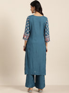 Sangria Women Teal Blue & White Printed Kurta with Palazzos