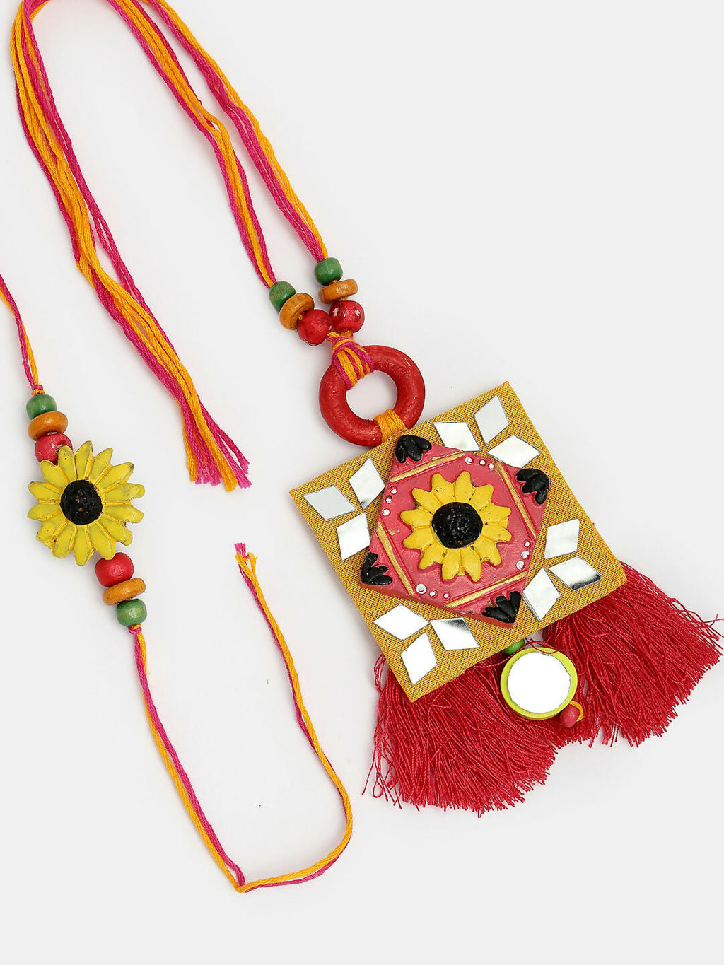 NVR Women & Men Set of 2 Red & Yellow Mirror Work Handcrafted Bhaiya Bhabi Rakhi With Roli Chawal - Distacart