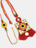 NVR Women & Men Set of 2 Red & Yellow Mirror Work Handcrafted Bhaiya Bhabi Rakhi With Roli Chawal - Distacart