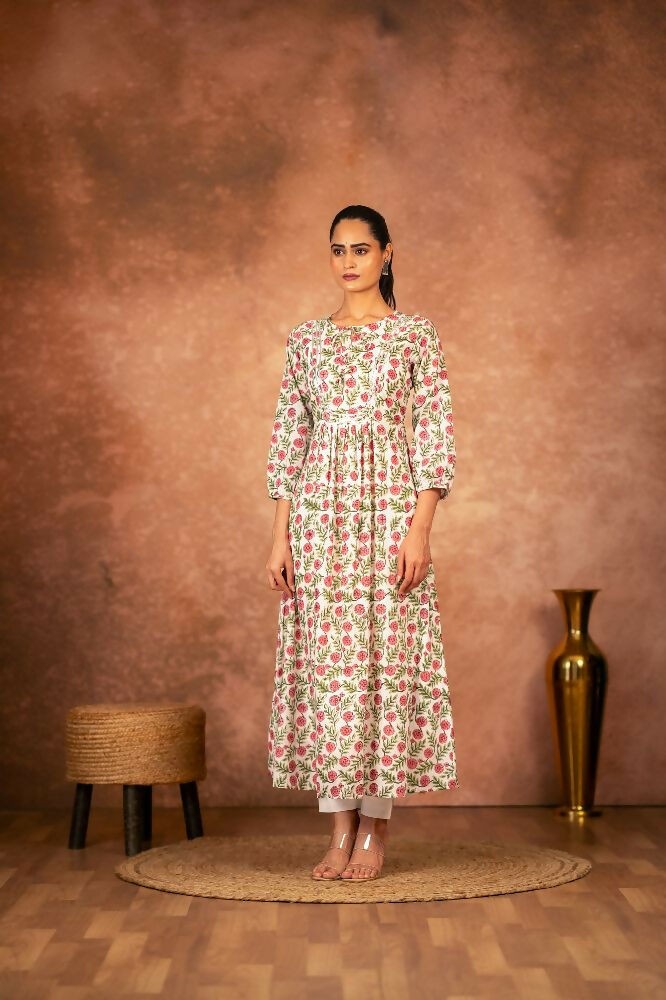 Joban Fashion Red Floral Hand Block Printed Cotton Kurta Pant Set - Distacart