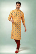 Raivat Ethnic Art Silk Printed Work Kurta Pajama In Yellow Colour