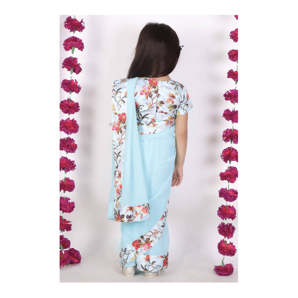 Little Bansi Girls 90's Era Saree with Silk Floral Blouse - Sky Blue