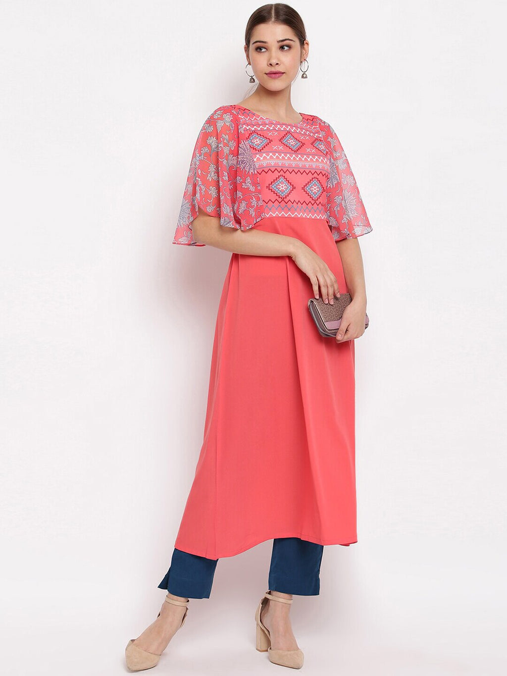 Janasya Coral Geometric Yoke Design Flared Sleeves Crepe Kurta - Distacart
