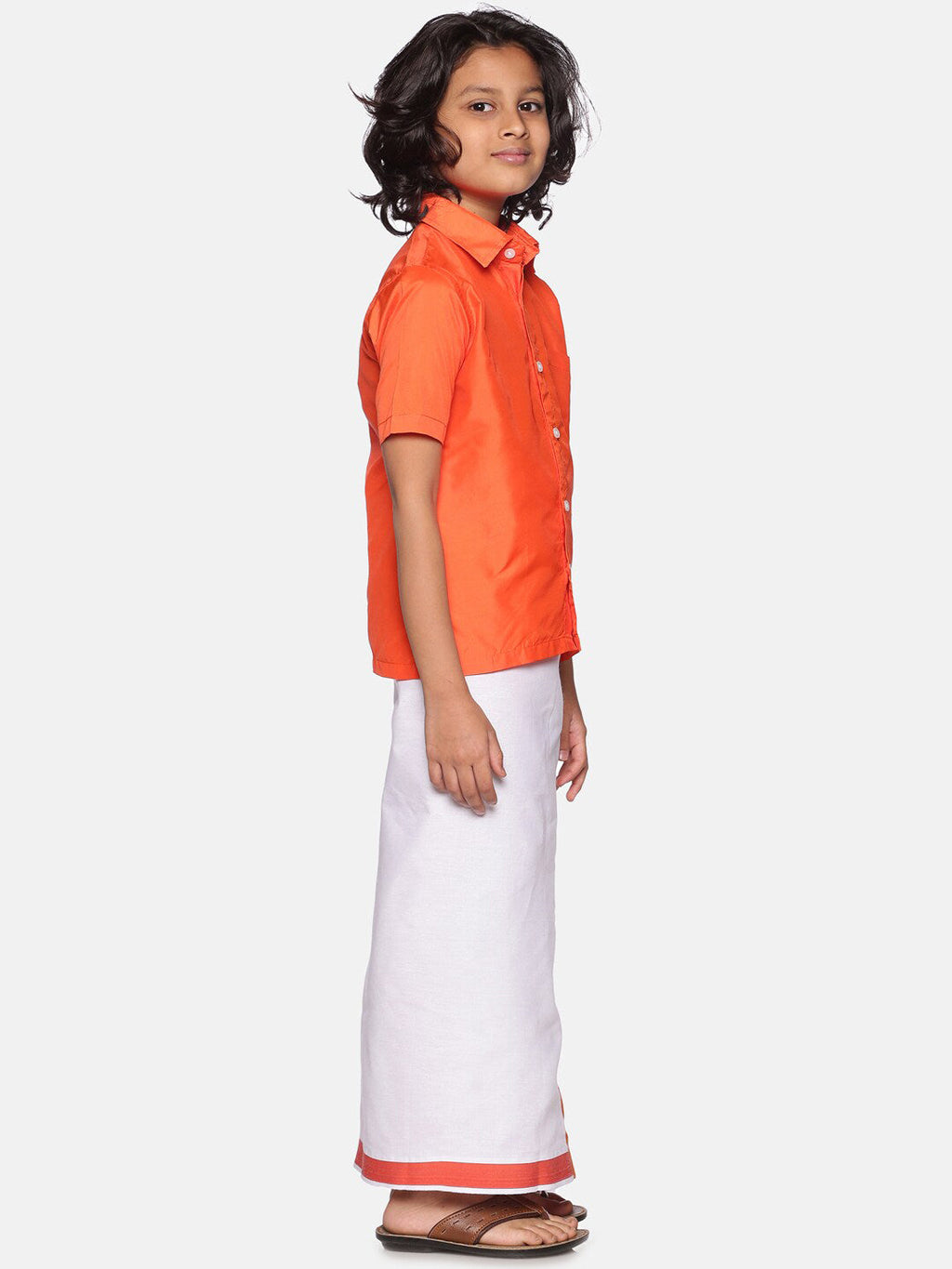 Sethukrishna Orange & White Solid Shirt with Dhoti Set For Boys