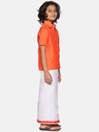 Sethukrishna Orange & White Solid Shirt with Dhoti Set For Boys