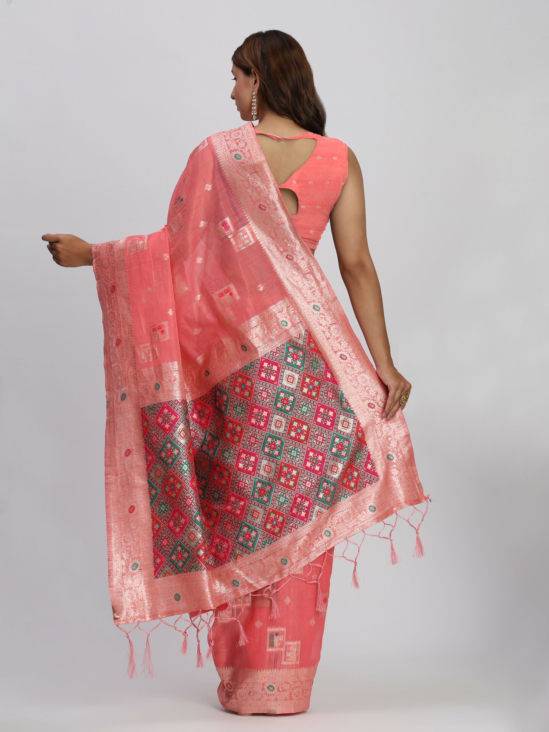 Shree Shyam Fashion Linen Cotton Peach Saree - Distacart