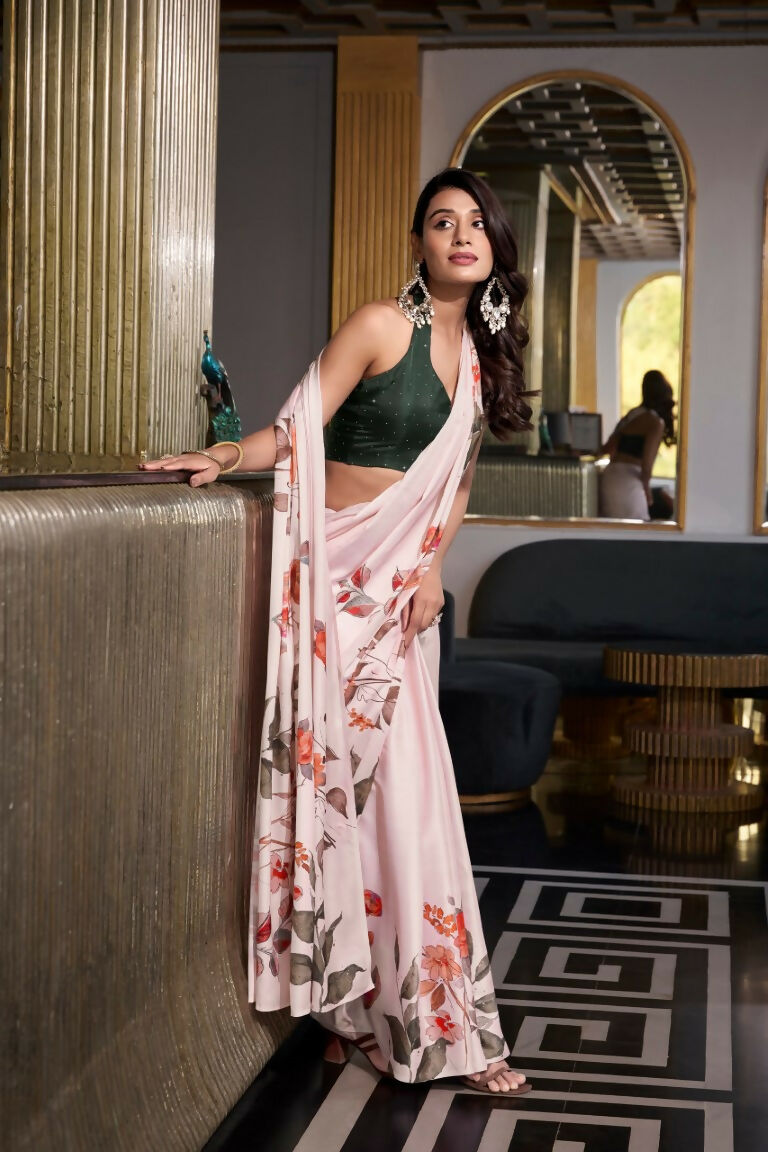 Vastranavya Off White Satin Silk Printed Saree with Hotfix Work Unstitched Blouse