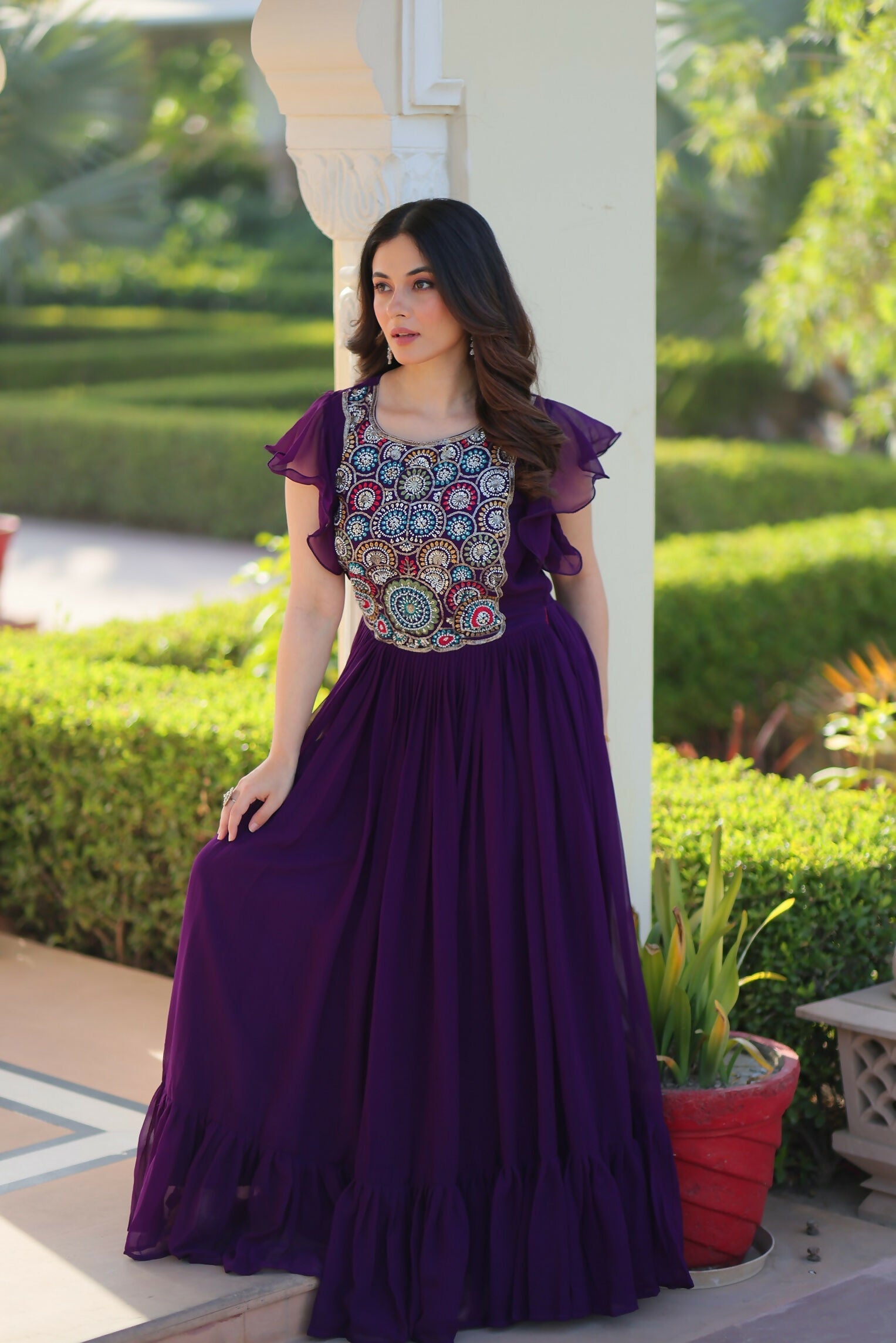Joban Fashion Purple Georgette Sequence Embroidery Work Gown - Distacart