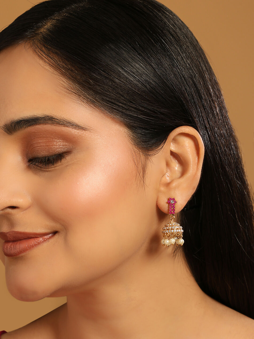 Nuyug 22K Gold Plated Pearl 7 Colored Stone Studded Contemporary Shaped Pink Mini Jhumkas - Distacart