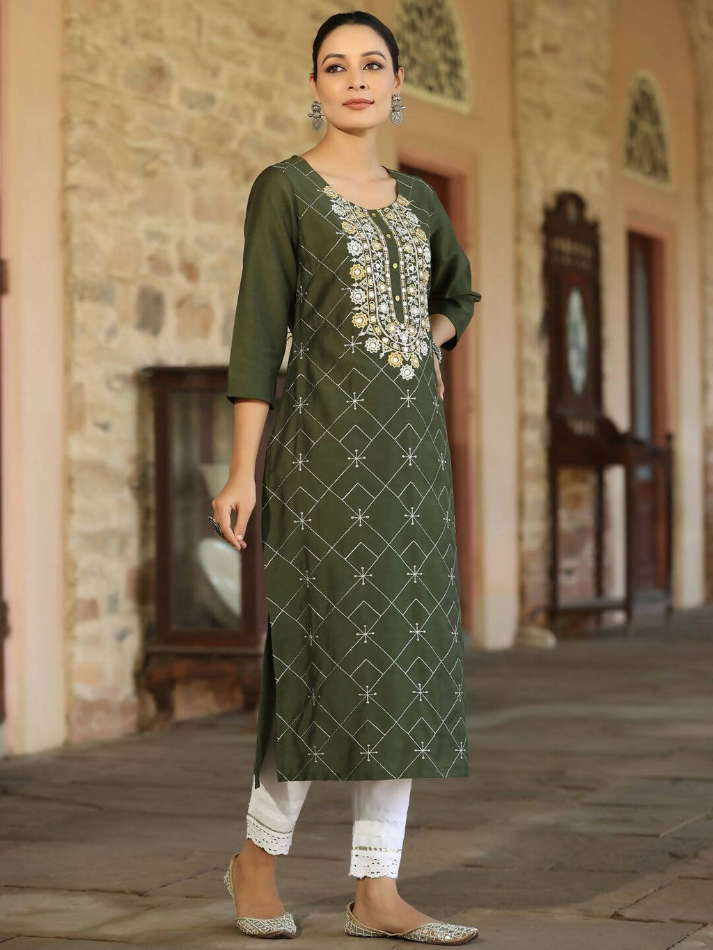 Juniper Women's Green Chinnon Printed Kurta - Distacart