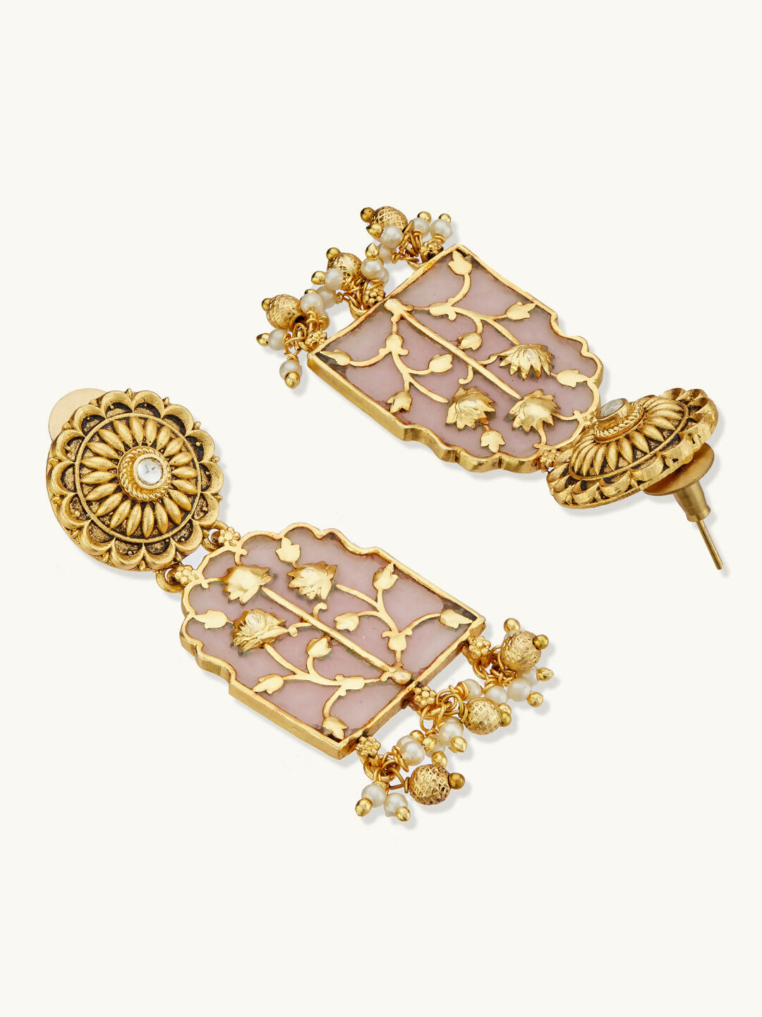 Nuyug 22K Gold-Plated Pearl Beaded Strings Floral Motifs Enamel Pendant Necklace Set