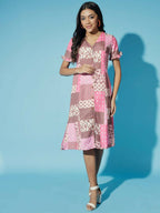 Myshka Women Multi Geometric Rayon A-Line V-Neck Dress - Distacart