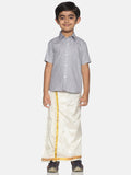 Sethukrishna Boys Grey & White Solid Shirt with Veshti Set