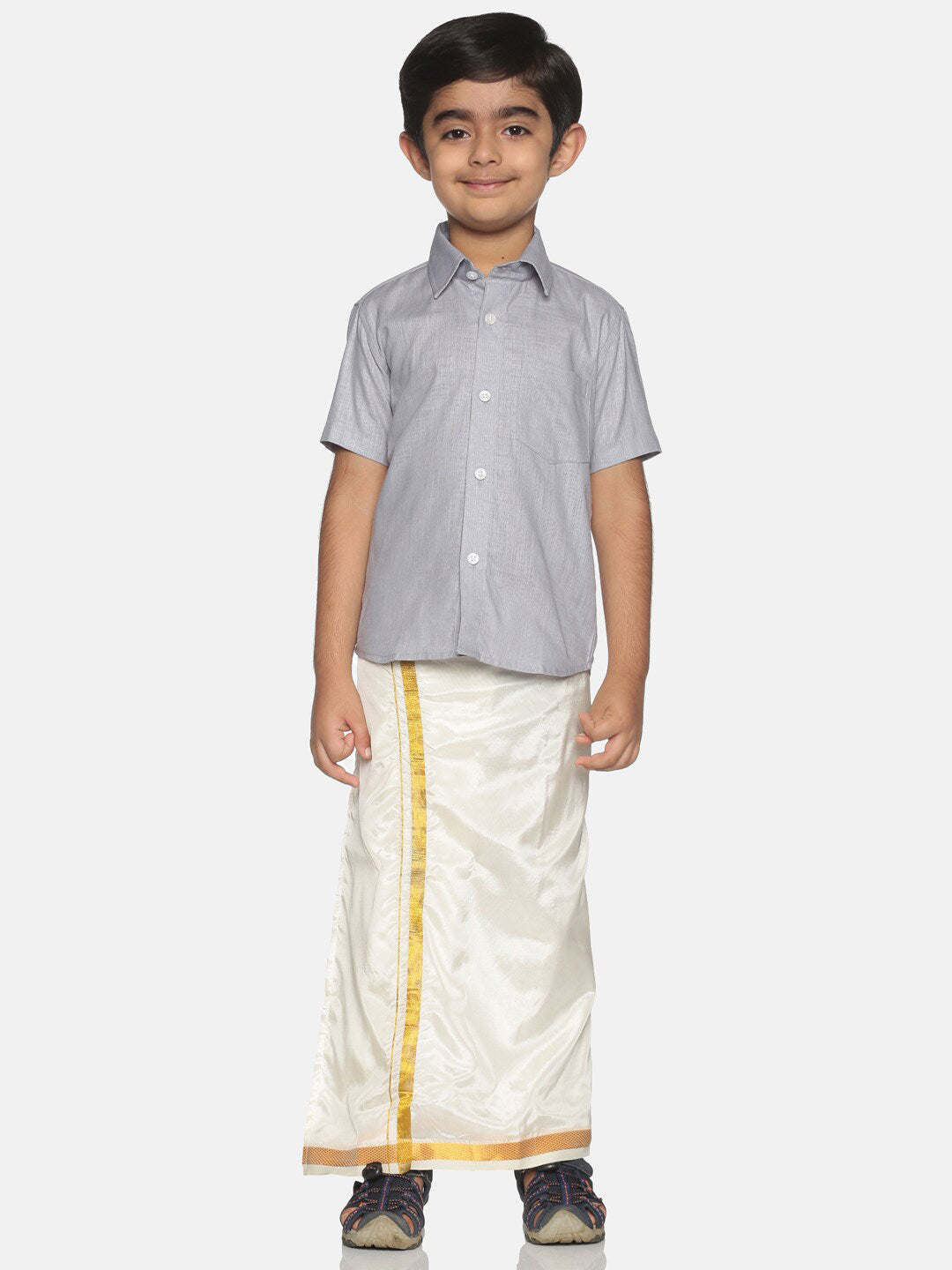 Sethukrishna Boys Grey & White Solid Shirt with Veshti Set