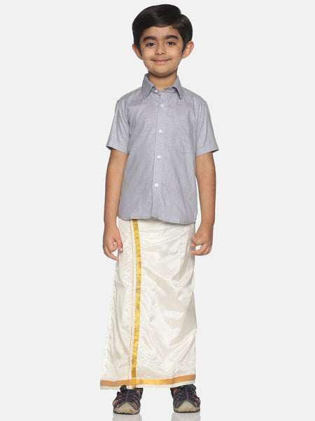 Sethukrishna Boys Grey & White Solid Shirt with Veshti Set