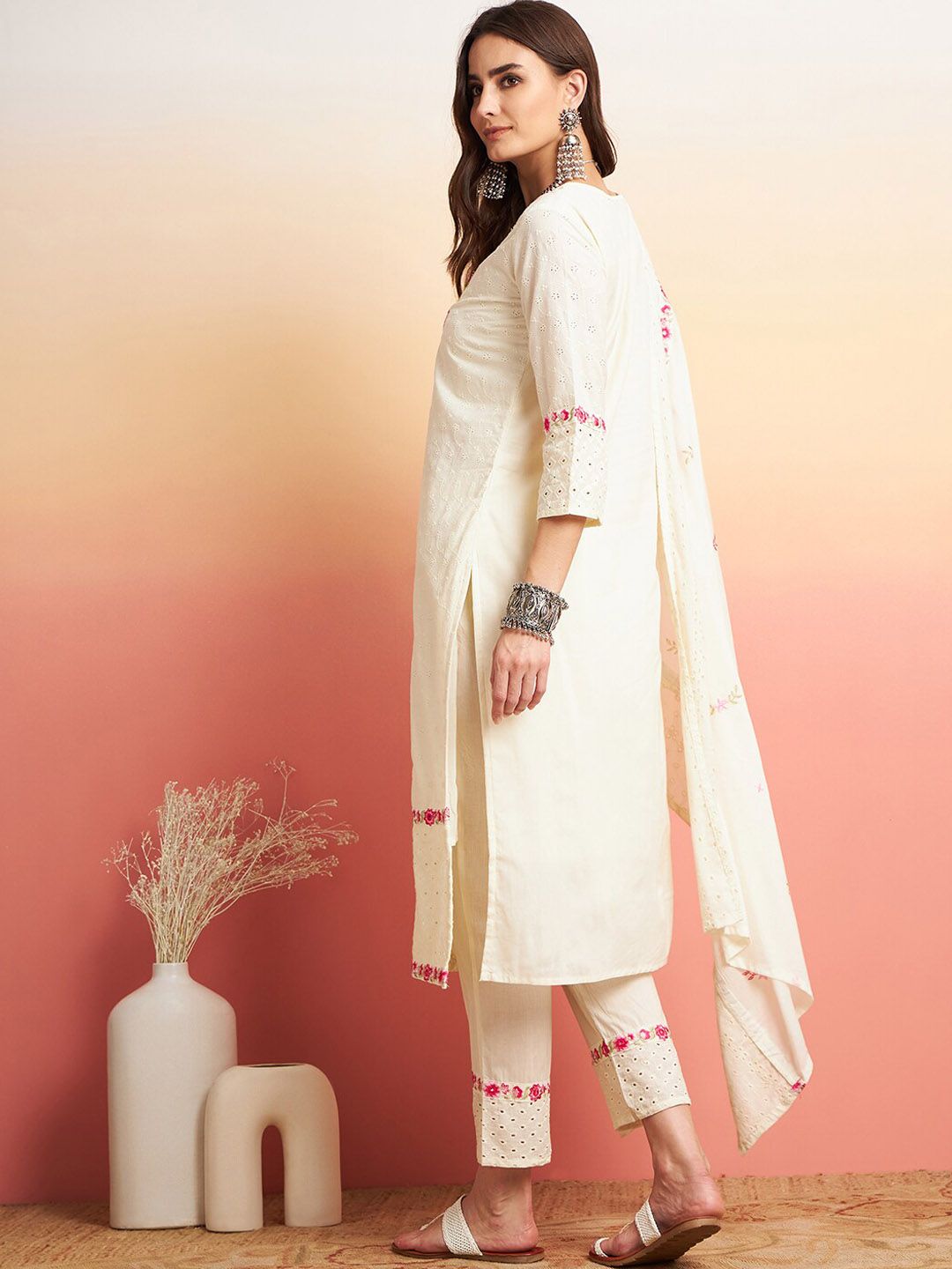 Sangria Pure Cotton Floral Embroidered Straight Kurta With Trousers & Dupatta