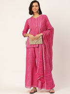 HERE&NOW Women Pink Leheriya Printed Pure Cotton Kurti With Palazzo And Dupatta