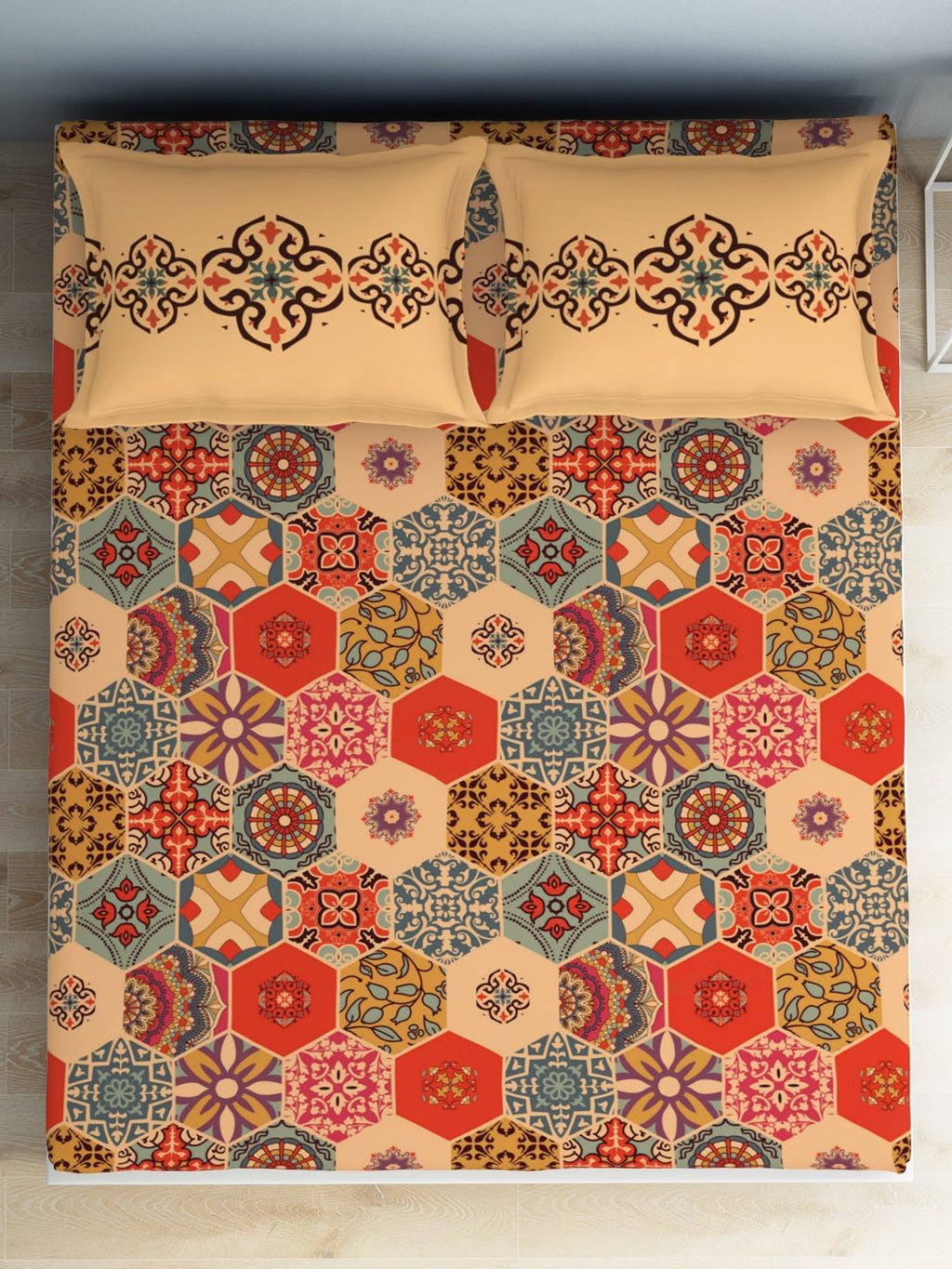 SPACES Aurum Orange Ethnic Motifs Pure Cotton 140 TC Queen Bedsheet with 2 Pillow Covers