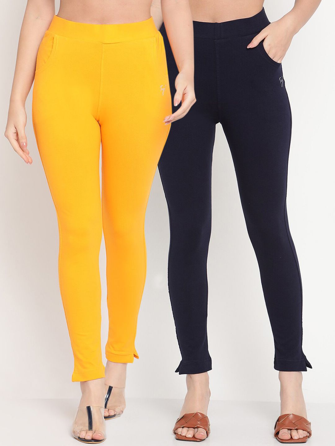 TAG 7 Set Of 2 Yellow & Navy Blue Solid Leggings