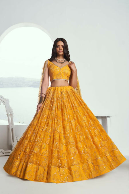 Aastha Fashion Yellow Butterfly Net Tone To Tone Cotton Thread Work And Sequence Work Embroidery Wedding Wear Lehenga Choli