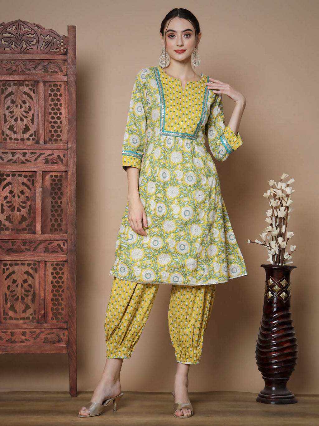 Myshka Women's Yellow A-Line Kurta & Salwar With Dupatta