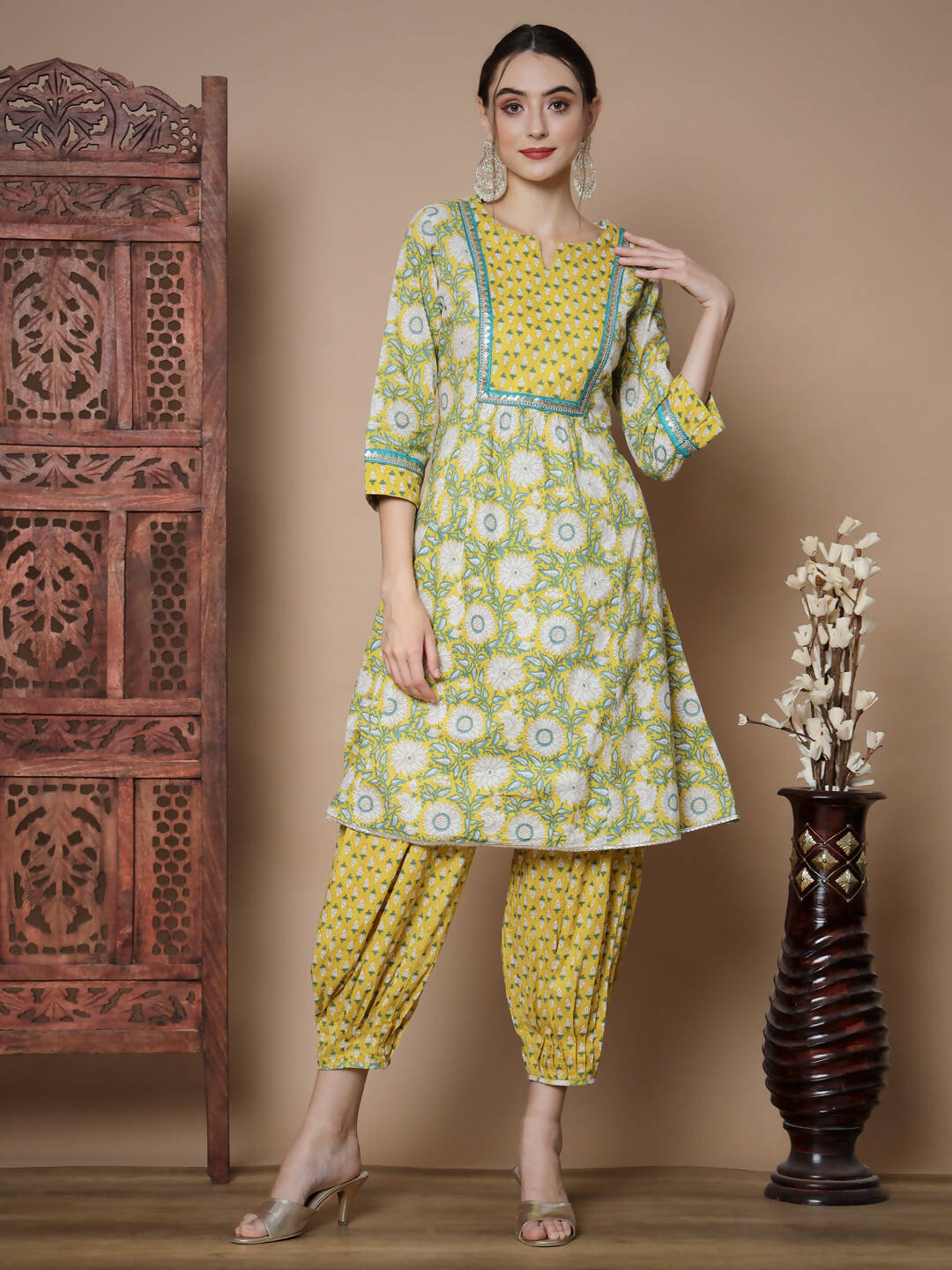 Myshka Women's Yellow A-Line Kurta & Salwar With Dupatta
