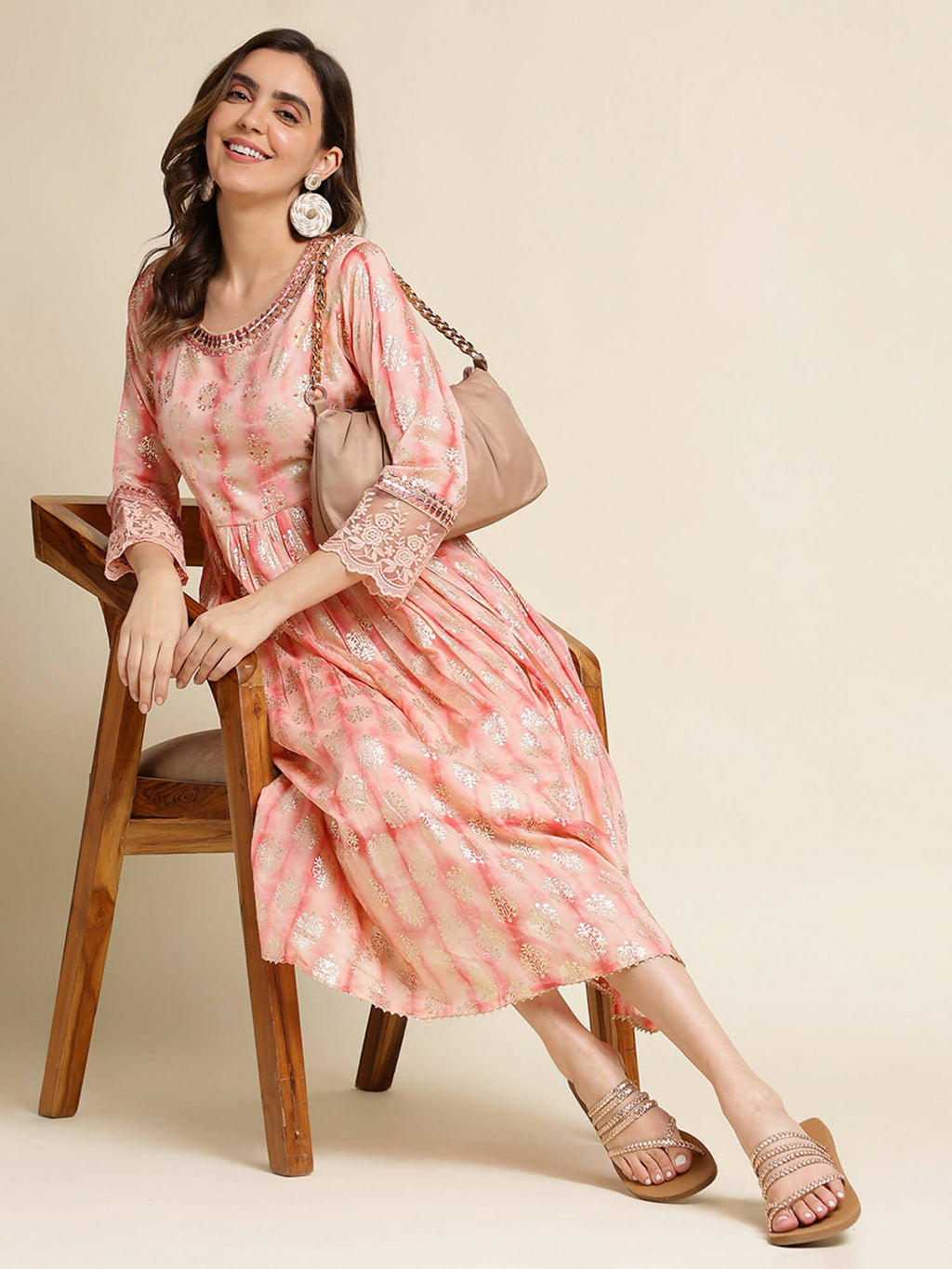 Peach Cotton Paisley Printed Fit & Flare Dress - Yukti - Distacart