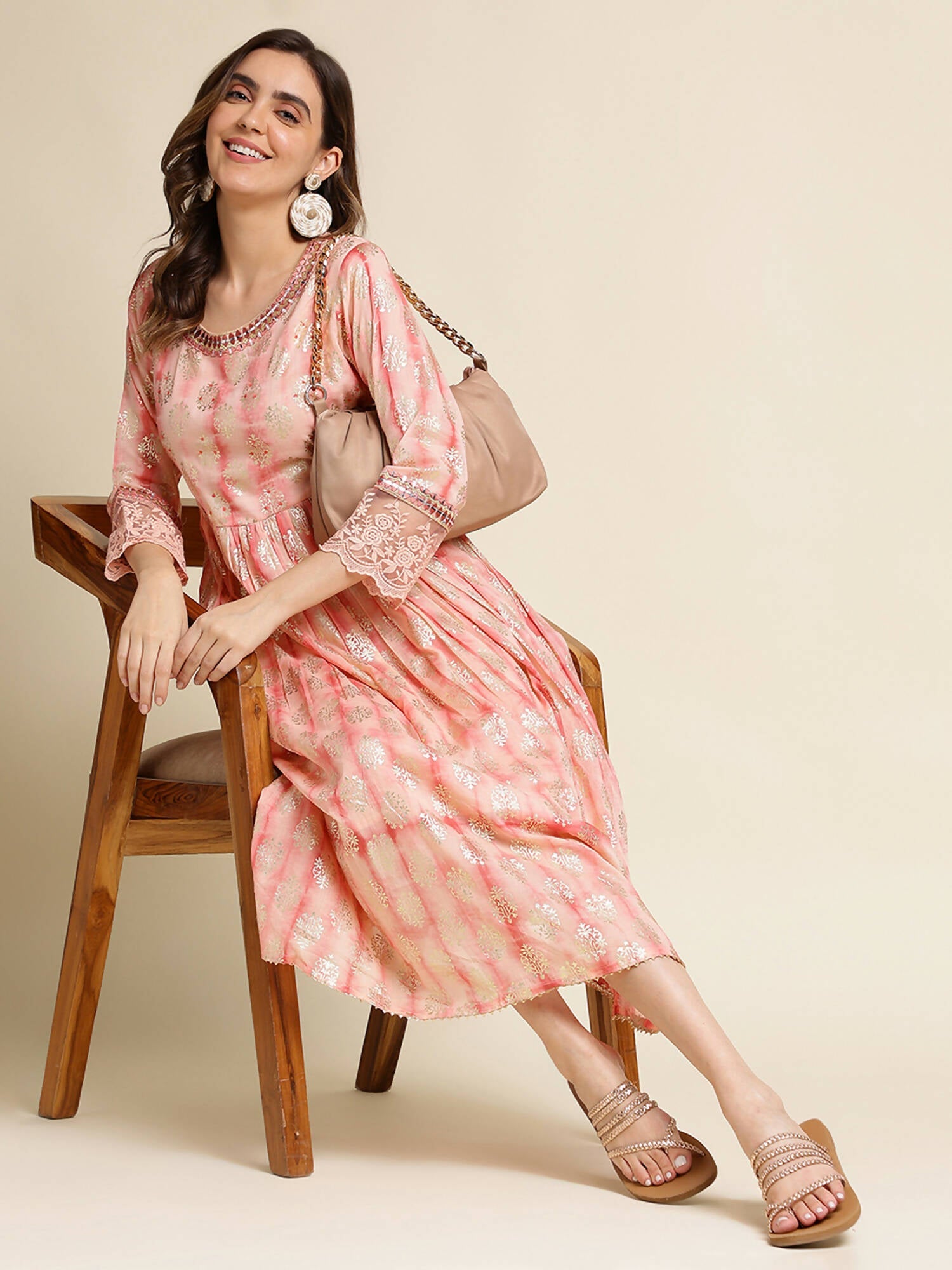 Peach Cotton Paisley Printed Fit & Flare Dress - Yukti - Distacart