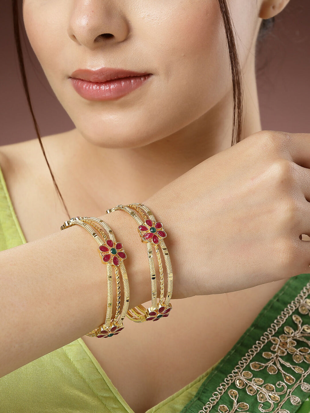 NVR Women's Set of 2 Gold-Plated Artificial Stones Handcrafted Traditional Bangles - Distacart