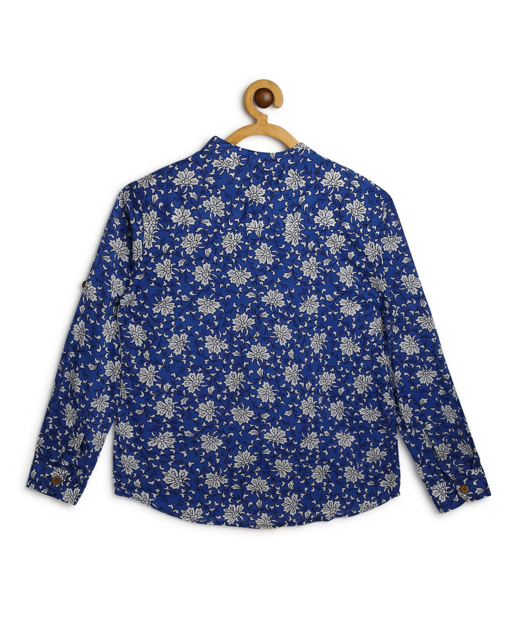 Manet Boys Full Sleeves Flower Printed Ethnic Shirt - Blue