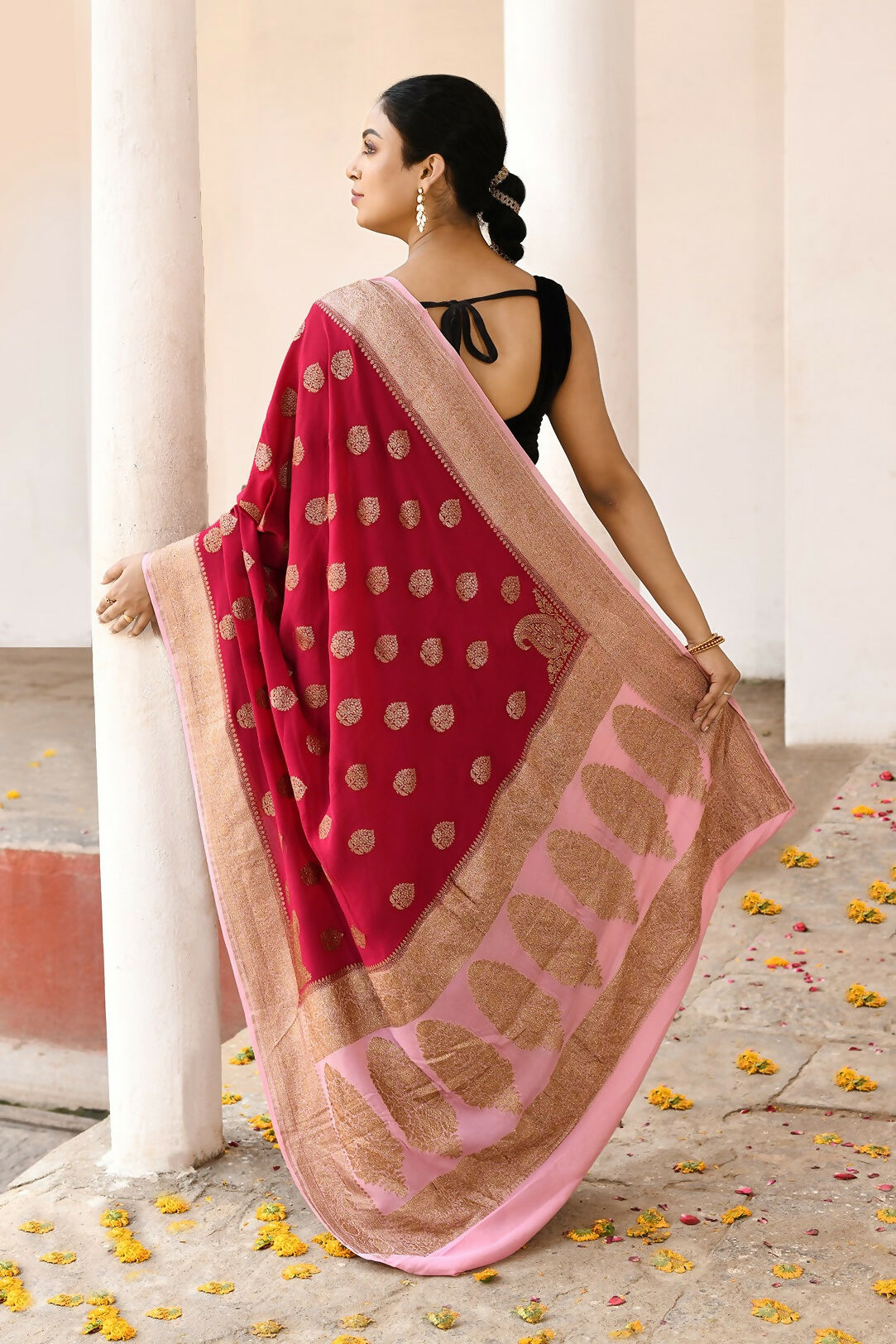 Joban Fashion Red Crepe Chiffon Pure Handloom Banarasi Silk Saree