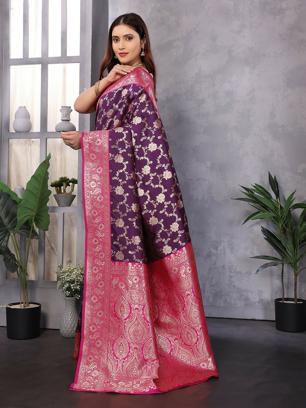 Joban Fashion Banarasi Wine Woven Soft Silk Saree - Distacart