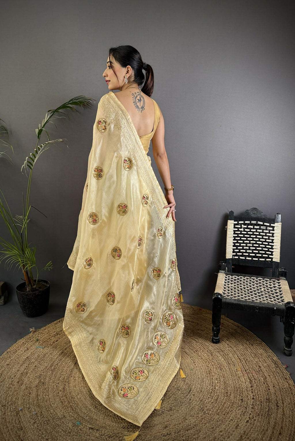 Joban Fashion Light Yellow Handloom Banarasi Organza Silk Khatali Butta Work Saree - Distacart