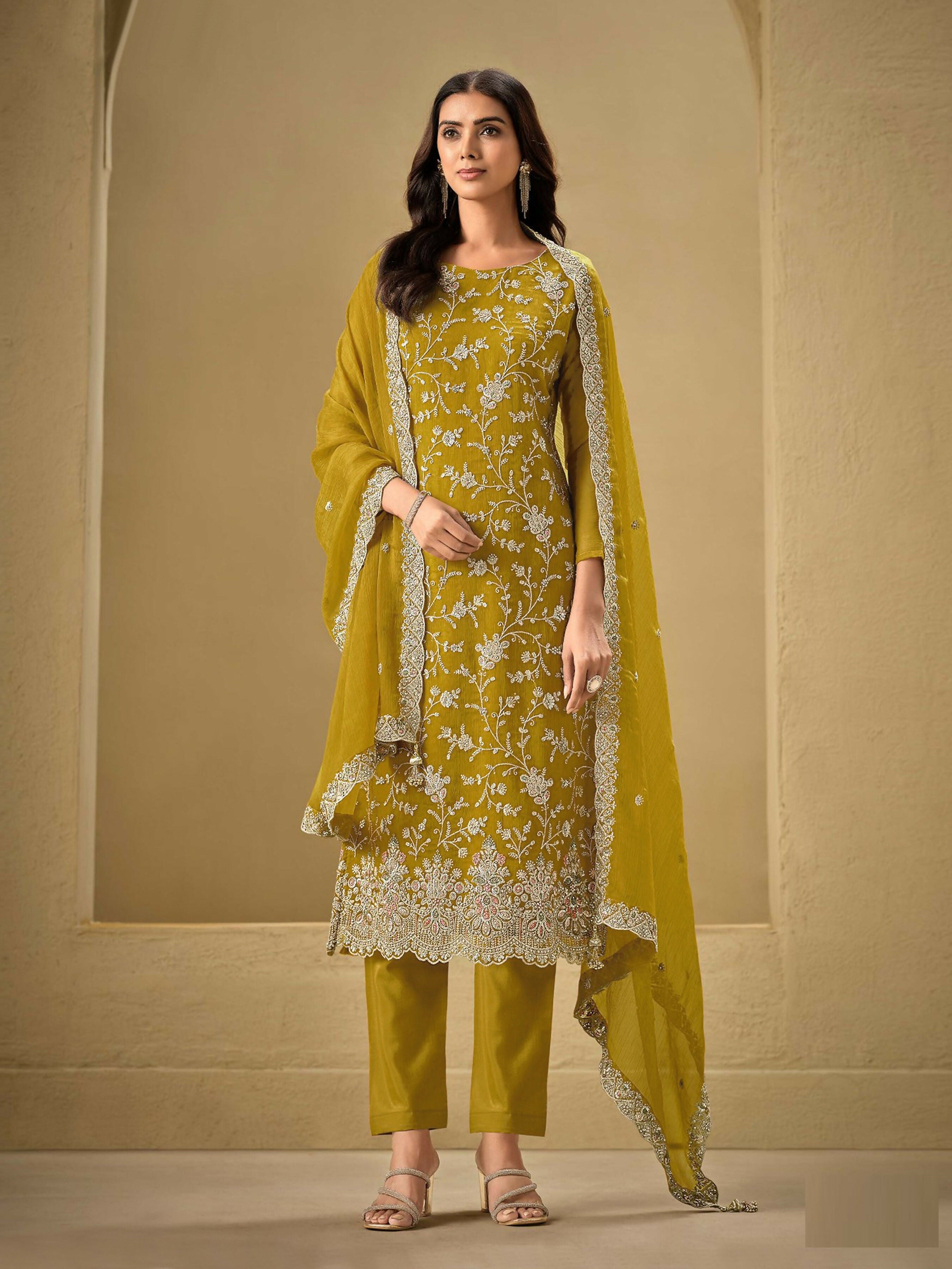 Anaita Mustard Embroidered Silk Stitched Salwar suit - Distacart
