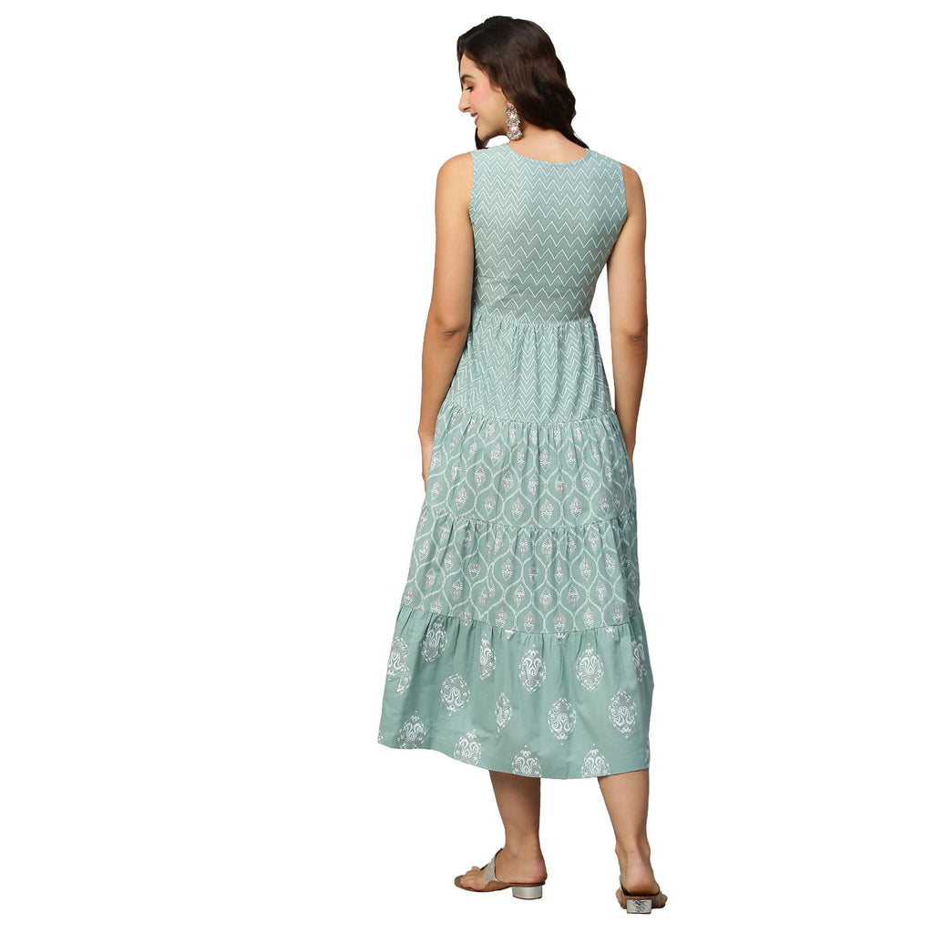 Sea Green & White Ethnic Motifs Embroidered Pure Cotton Maxi A-Line Dress - Poonam - Distacart